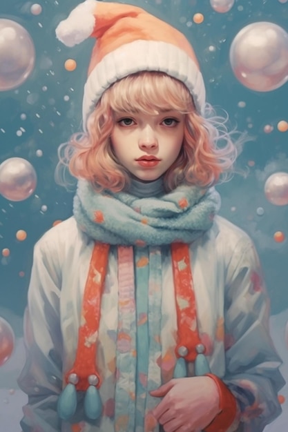 Hermoso retrato de niña con suéter y bufanda de invierno cálido y acogedor
