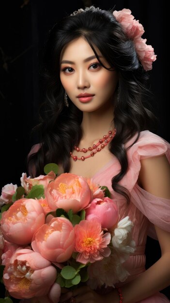 El hermoso retrato de la novia asiática, la ilustración de fondo del estudio rosa