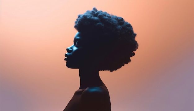 Hermoso retrato de una orgullosa silhueta de mujer negra afroamericana con cabello rizado afro en suave