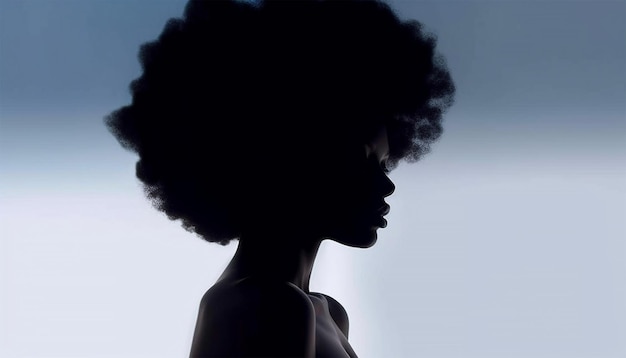 Hermoso retrato de una orgullosa silhueta de mujer negra afroamericana con cabello rizado afro en suave