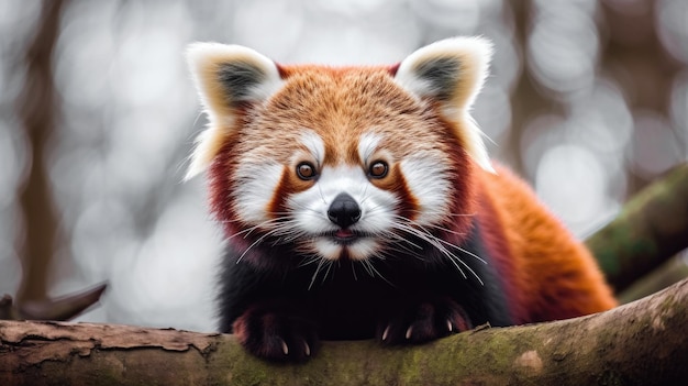 Hermoso retrato de un panda rojo, un animal raro mirando a la cámara AI generativa