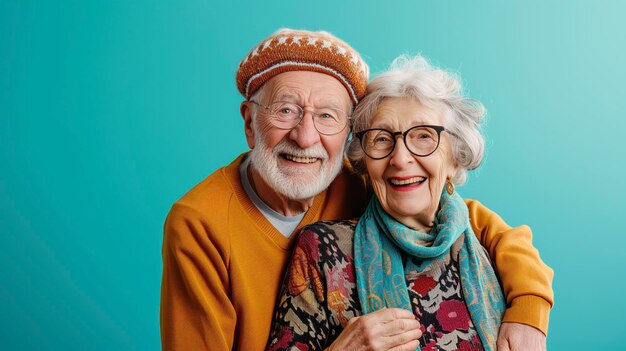 Un hermoso retrato de una pareja de ancianos felices con ropa y gafas brillantes.