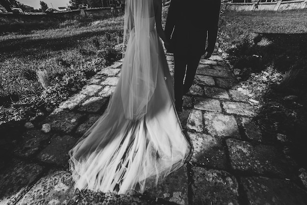 Hermoso retrato pareja de novios están caminando de espaldas cerca de la arquitectura antigua edificio antiguo palacio vintage al aire libre Atmósfera calle inferior vista trasera Foto en blanco y negro