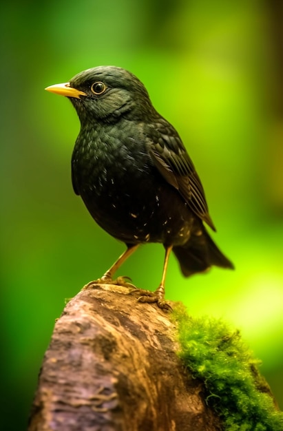 Un hermoso retrato de un pequeño pájaro negro.