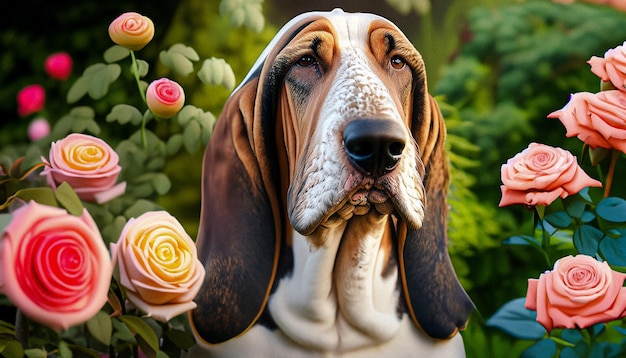 Un hermoso retrato de un perro Basset Hound en un hermoso jardín