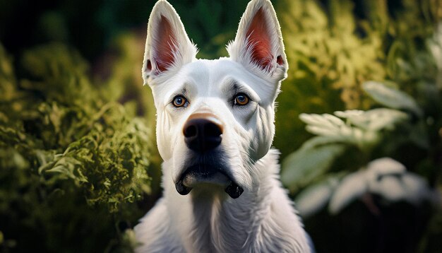 Un hermoso retrato de un perro blanco en un hermoso jardín