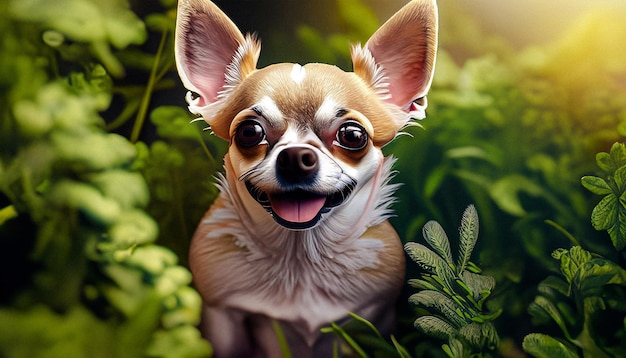 Un hermoso retrato de un perro chihuahua en un hermoso jardín