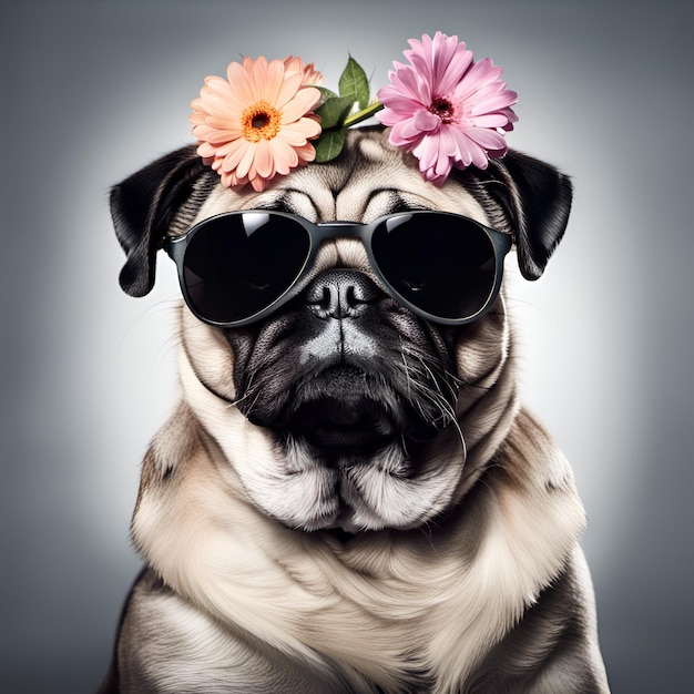 Hermoso retrato de perro pug fresco con gafas de sol y flores en la cabeza