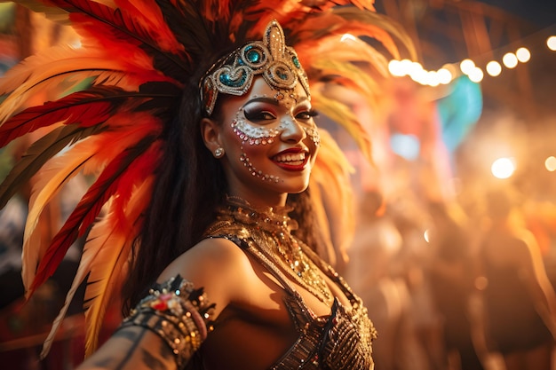 Hermoso retrato en primer plano de una mujer joven con traje y maquillaje tradicional de danza de samba para el carnaval brasileño del festival de Río de Janeiro en Brasil