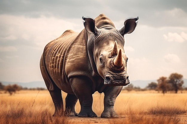 Hermoso rinoceronte de pie majestuosamente en un vasto campo fácilmente reconocible Imagen de stock con generativ...