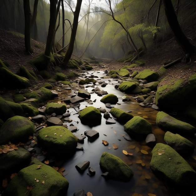 hermoso río en el bosque generativo ai