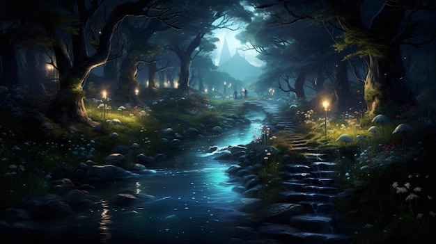 Un hermoso río cruzando un bosque místico por la noche