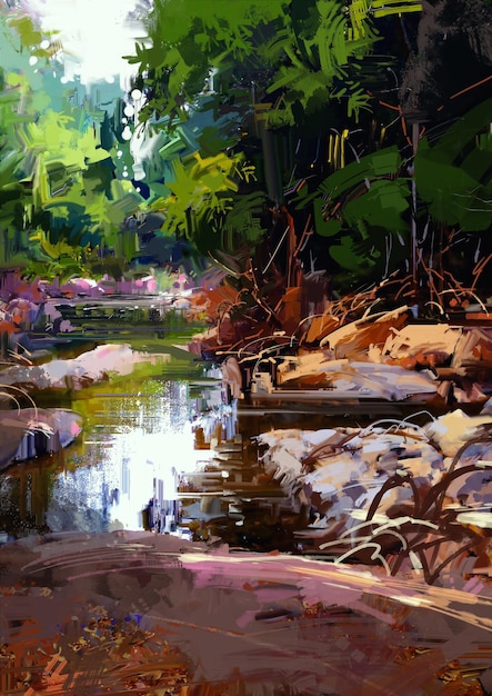 Hermoso río entre grandes piedras en el bosque de verano, pintura digital