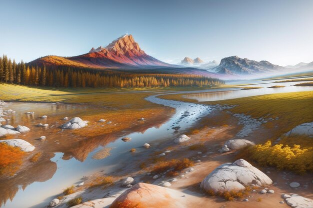 Hermoso río natural con pintura de montaña Ilustraciones generativas de IA