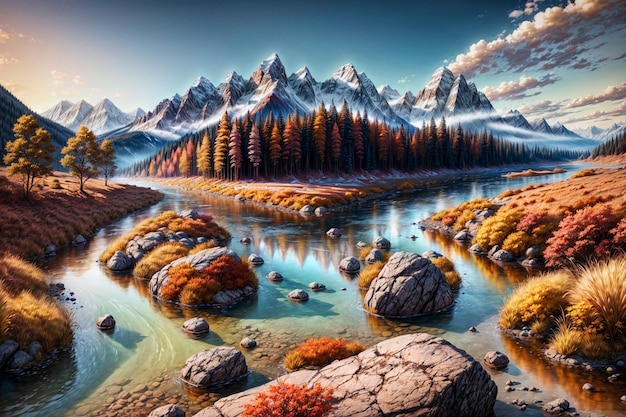 Hermoso río natural con pintura de montaña Ilustraciones generativas de IA