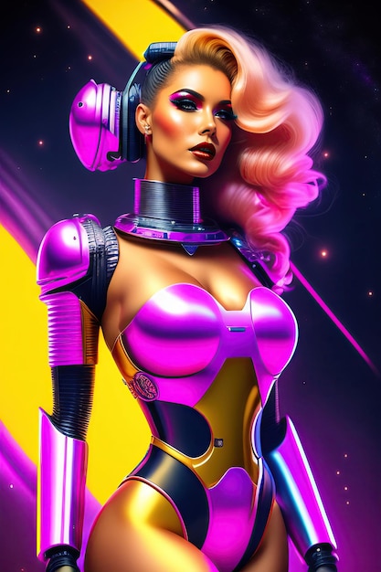 Hermoso robot femenino cyborg sobre fondo de nebulosa espacial Neonpunk pin up estilo ilustración 3d
