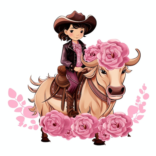 hermoso, rosa, caricatura, vaquero, en, un, rodeo, toro, clipart, ilustración