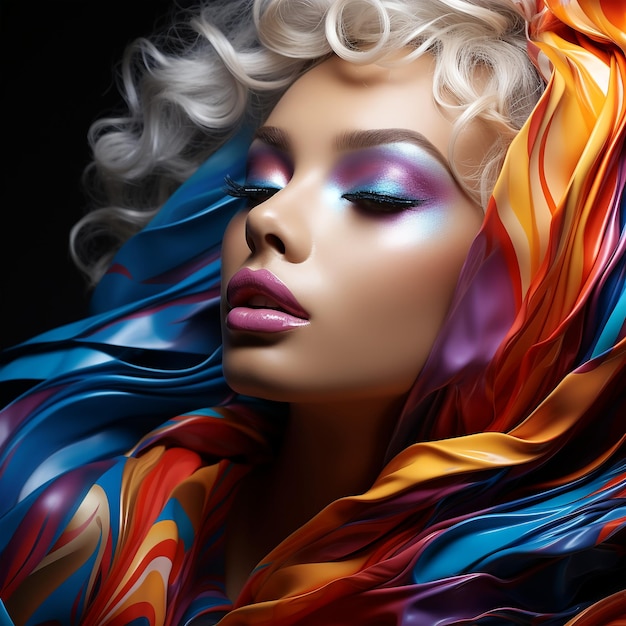 El hermoso rostro de una mujer pintado con pintura acrílica de colores libertad y moda lgbt y podio