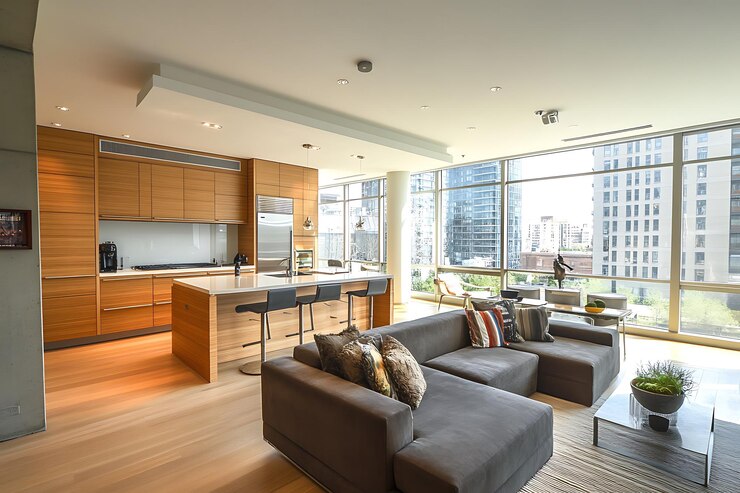 Hermoso salón moderno Interior con muebles modelo de marco carteles pared 3d Rendering