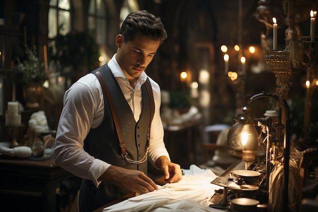 Hermoso sastre serio con barba en camisa blanca con tirantes de cuero marrón trabajando cerca de mesa de madera con hilos delantal y tijeras en increíble taller con muebles antiguos