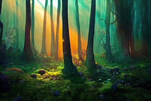 Hermoso sendero forestal como fondo panorámico Arte conceptual Pintura digital Ilustración de fantasía