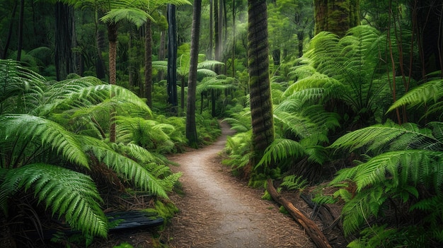 Un hermoso sendero a través de la exuberante selva tropical en la península de Tasmania