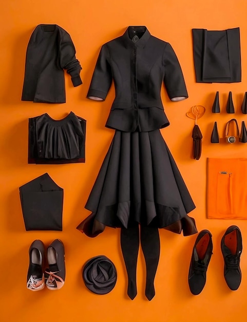 Un hermoso set de vestidos con color negro y fondo naranja