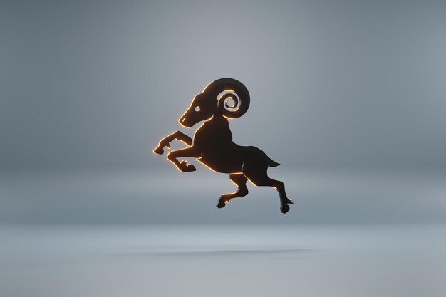 Hermoso signo del zodiaco negro Capricornio con iconos de símbolo de luz amarilla en un fondo azul 3d