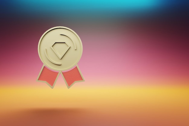 El hermoso símbolo de la insignia dorada del ganador en un fondo brillante multicolor ilustración de renderización 3D Bac