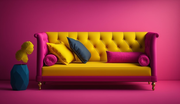 Hermoso sofá de diseño moderno y elegante en color magenta con IA generativa amarilla