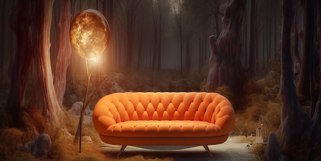 Hermoso sofá naranja con un interior agradable.