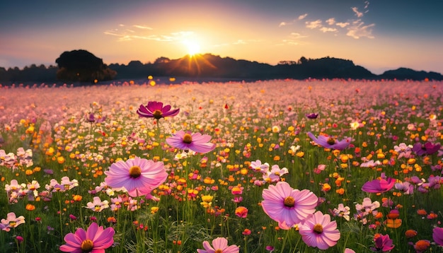 Hermoso y sorprendente paisaje de campo de flores de cosmos al atardecer