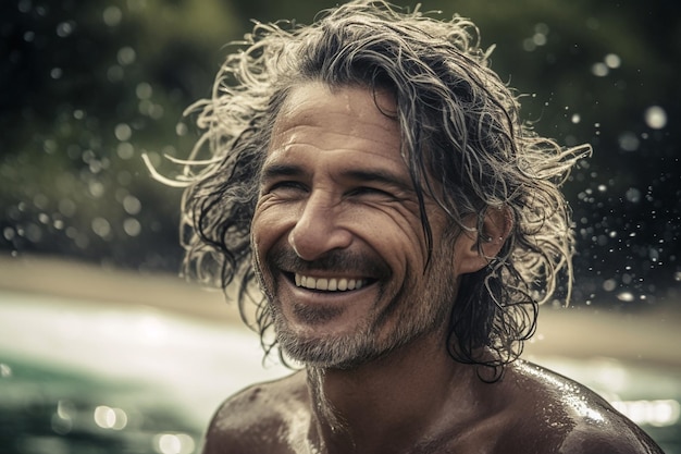 Un hermoso surfista disfrutando de un día en la playa capturando su risa y felicidad genuinas