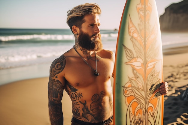 Foto hermoso surfista con tabla de surf en la playa de arena deportes acuáticos estilo de vida activo y saludable