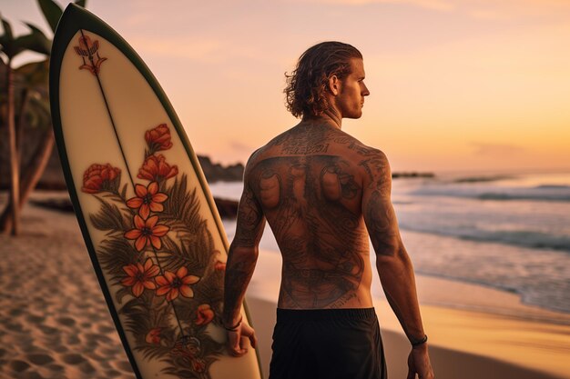 Foto hermoso surfista con tabla de surf en la playa de arena deportes acuáticos estilo de vida activo y saludable