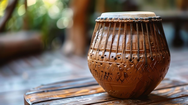 Un hermoso tambor de arcilla hecho a mano se sienta en una mesa de madera El tambor tiene tallas intrincadas y un acabado natural