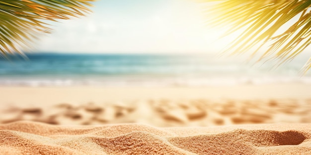 Hermoso telón de fondo para vacaciones de verano y viajes arena dorada de playa tropical palma borrosa