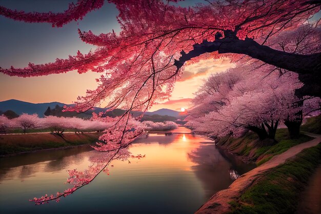 Hermoso templo japonés con flor de cerezo en primavera IA generativa