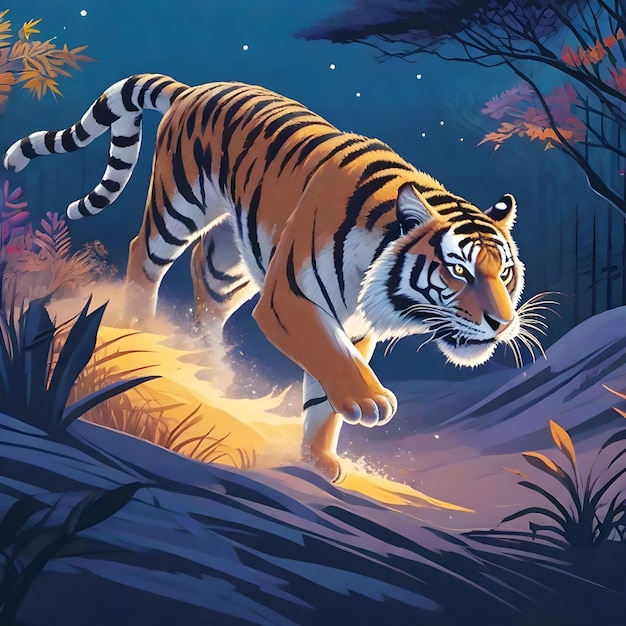 Hermoso tigre atacando bajo la cubierta a la luz de la luna Ilustración de IA generar imagen