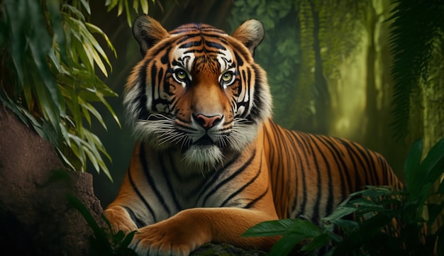 Hermoso tigre de bengala con exuberante hábitat verde backgroGenerative AI