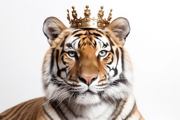 Hermoso tigre en corona de oro sobre fondo blanco IA generativa