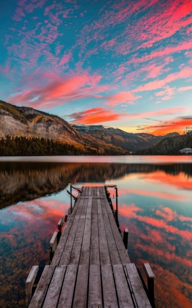 Foto hermoso tiro de los colores del atardecer en el horizonte de un lago tranquilo con un muelle