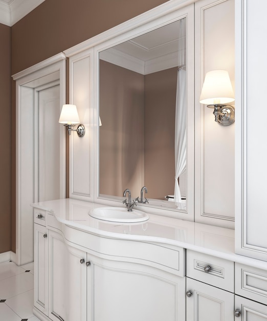 Hermoso tocador blanco, baño blanco limpio de estilo clásico contemporáneo. Representación 3D