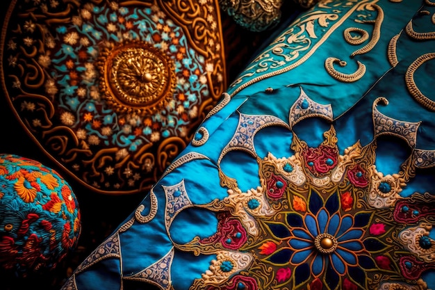 Hermoso trabajo manual oriental sobre tela en el antiguo mercado de Oriente Medio