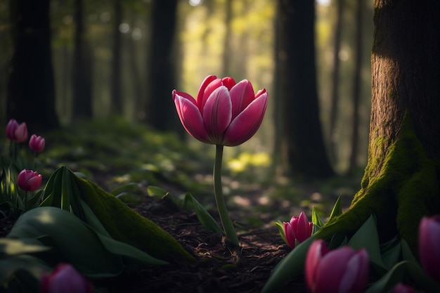 Hermoso tulipán en el bosque al atardecer Fondo de naturaleza