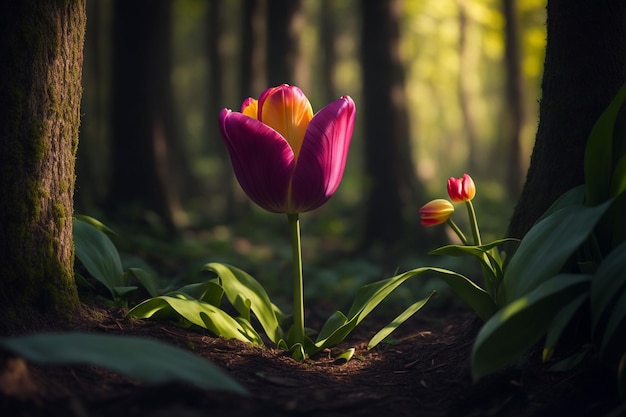 Hermoso tulipán en el bosque al atardecer Fondo de naturaleza