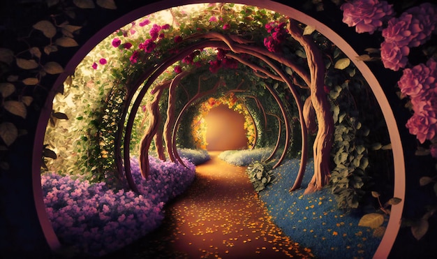 Foto un hermoso túnel bordeado de flores y follaje.