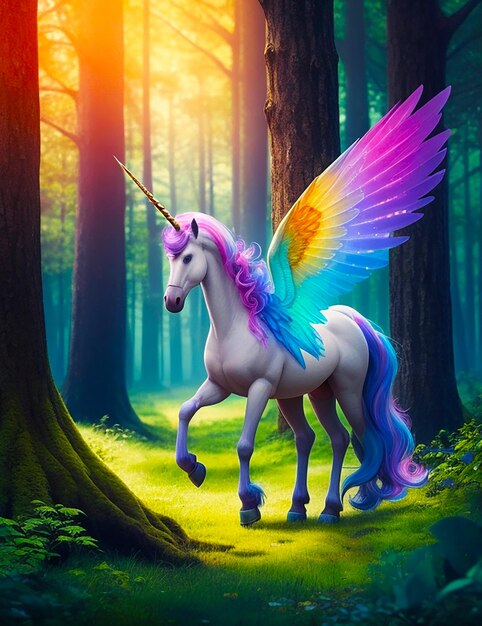 Hermoso unicornio en un bosque mágico y colorido generado por IA