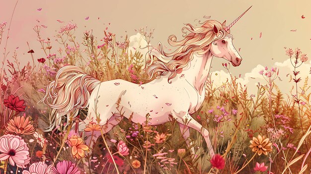 Un hermoso unicornio corre a través de un campo de flores el unicornio es blanco con una larga melena y cola