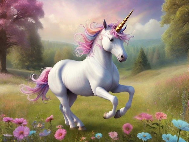 Hermoso unicornio corriendo en un prado mágico unicornio imágenes de fondo unicornio caprichoso